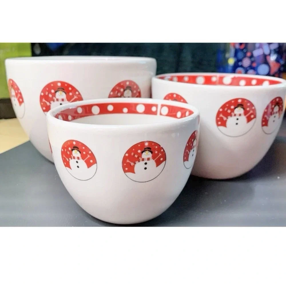Vtg Century Snowman Christmas Nesting Mixing Bowl Set of 3 Red White Polka Dot‎